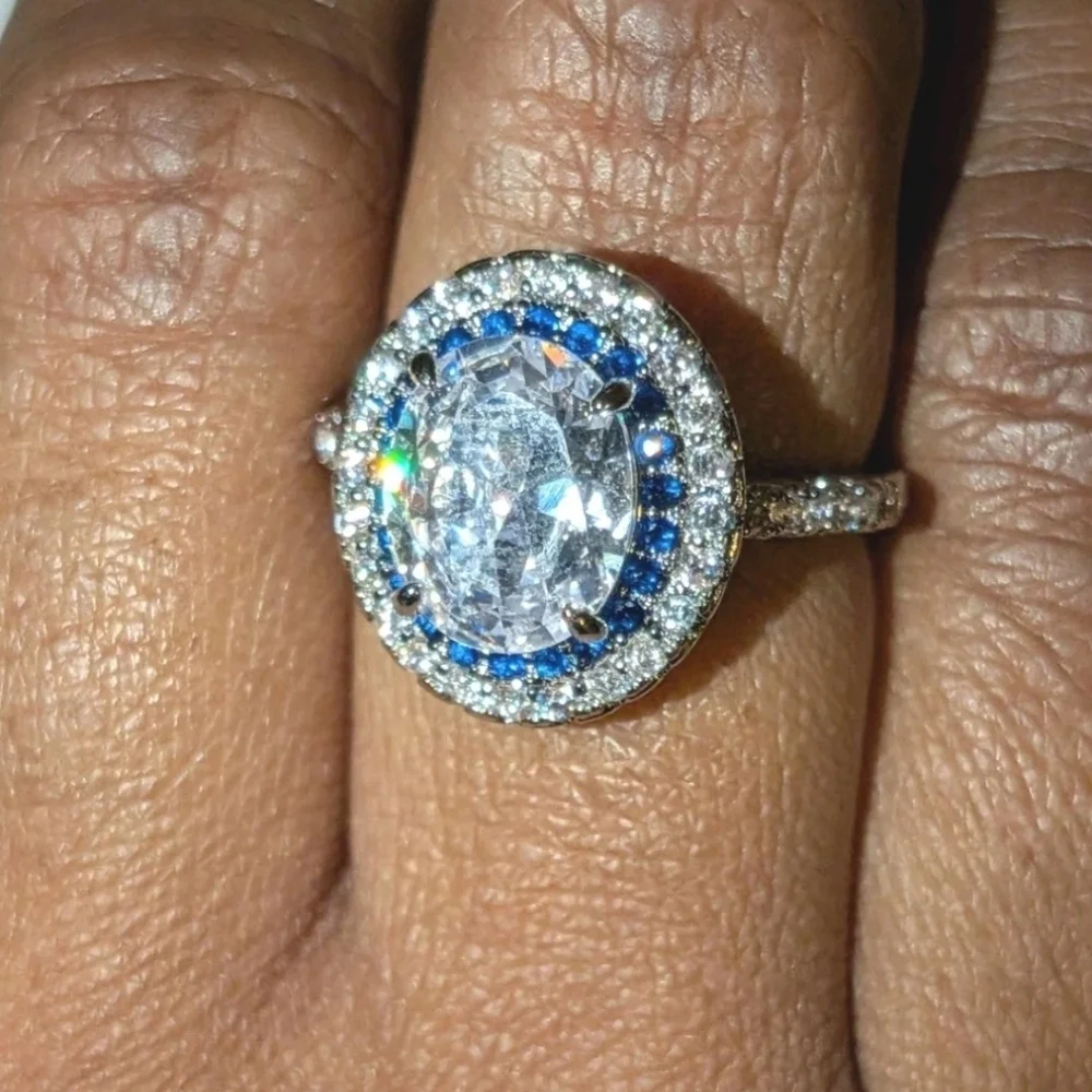 3Ct Blue Halo White Diamond Simulated Engagement Ring 14K White Gold Plated Sz 7